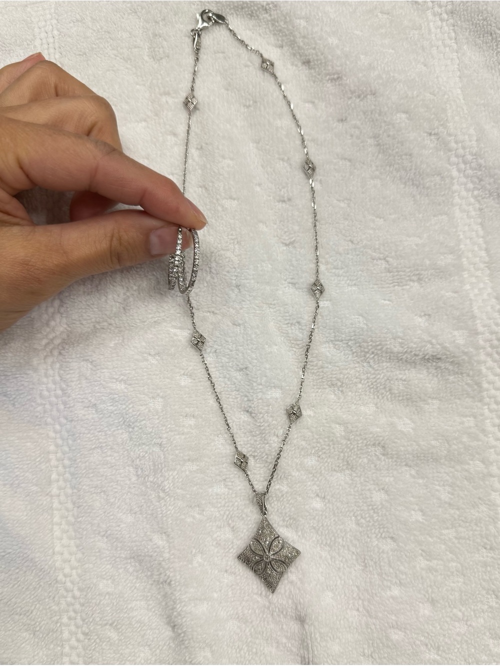 Sterling Silver Diamond-Accented Pendant Necklace and Hoop Earrings - Silver